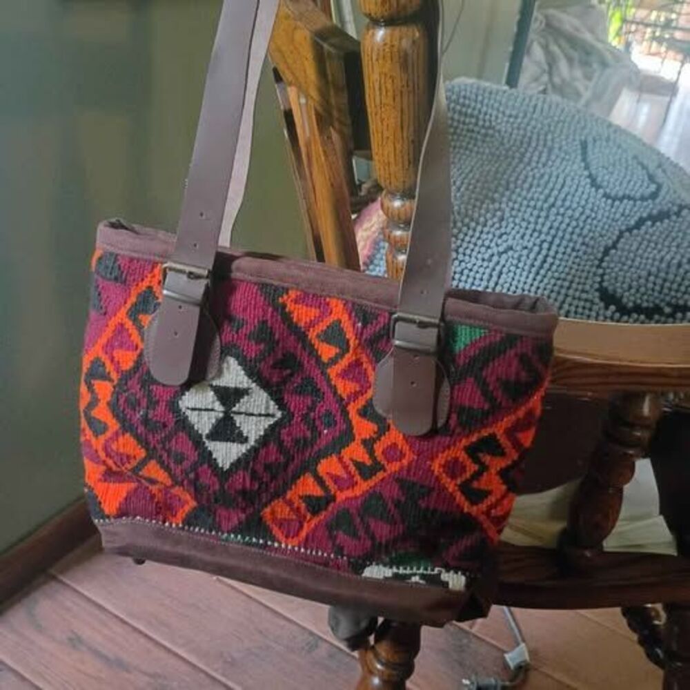 Woven Kilim Pattern  Wool Tote Bag with Leather Straps